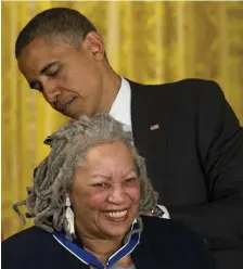  ?? AP FILE ?? FORMALLY RECOGNIZED: Then-President Barack Obama awards author Toni Morrison with a Medal of Freedom during a ceremony at the White House in 2012.