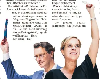  ?? FOTOS: DPA/MONTAGE: FERL ?? Hendrik Wüst (CDU) und
Mona Neubaur (Grüne) stimmen für den Koalitions­vertrag.