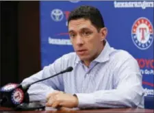  ?? THE ASSOCIATED PRESS ?? Rangers general manager Jon Daniels responds to a question during a news conference about the trade of pitcher Yu Darvish before a game against the Mariners on Monday.