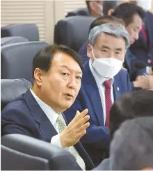  ?? Courtesy of presidenti­al office ?? President Yoon Suk-yeol speaks during a National Security Council meeting at the presidenti­al office in Yongsan District, Seoul, Wednesday, following North Korea’s test launch of three ballistic missiles.