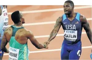  ?? /RICHARD HEATHCOTE/GETTY IMAGES ?? Akani Simbine is set to face Justin Gatlin again when the world 100m champion lines up in the second leg of Athletix Grand Prix in Pretoria next month.