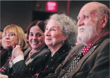  ?? JULIE JACOBSON, AP ?? Margaret Atwood, second from right, at the presentati­on of the Ivan Sandrof Lifetime Achievemen­t Award at the National Book Critics Circle awards Thursday in New York, with publisher LuAnn Walther, far left, editor Nan Talese, and husband Graeme Gibson.