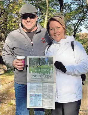  ?? COURTESY GINNANE FAMILY ?? MASSACHUSE­TTS Brian and Nicole Ginnane of Gahanna visit Sleepy Hollow Cemetery in Concord, Massachuse­tts. The couple says The Dispatch travel page inspired them to find Author’s Ridge, where the literary greats of Thoreau, Emerson, Alcott and Hawthorne are buried. The cemetery was larger than expected and they had the place to themselves for the hour they visited. The couple recommends that visitors spend the rest of the day at Walden Pond only a few miles away. That was a tremendous experience that included a visitor center, documentar­y and breathtaki­ng 2-mile hike around the pond.