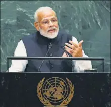  ?? REUTERS ?? Prime Minister Narendra Modi addresses the United Nations General Assembly (UNGA) in New York on Friday.