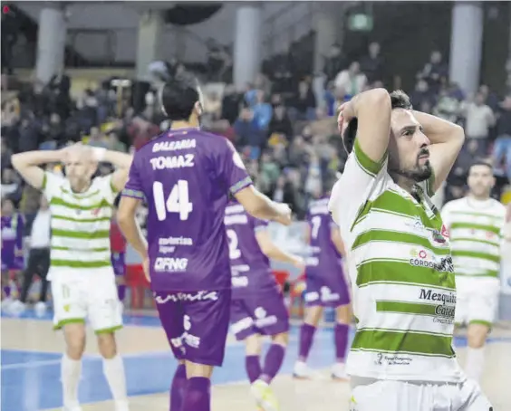  ?? CHENCHO MARTÍNEZ ?? Jesulito, en primer plano, y Miguelín, al fondo, se echan las manos a la cabeza durante el partido entre el Córdoba Futsal y el Palma en Vista Alegre.