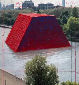  ??  ?? A 2017 collage by Christo, demonstrat­ing the size and scale of The Mastaba(Project for London, Hyde Park, Serpentine Lake) opening in the UK’s capital in June