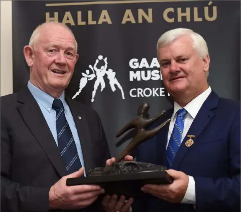  ??  ?? Wexford hurling legend Tony receives his hall of fame award from national President Aogán O Fearghail.