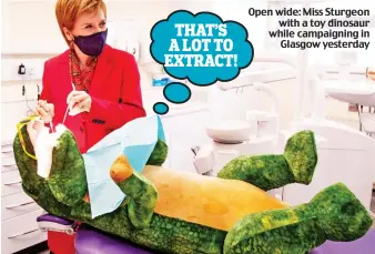  ??  ?? THAT’S A LOT TO EXTRACT!
Open wide: Miss Sturgeon with a toy dinosaur while campaignin­g in Glasgow yesterday