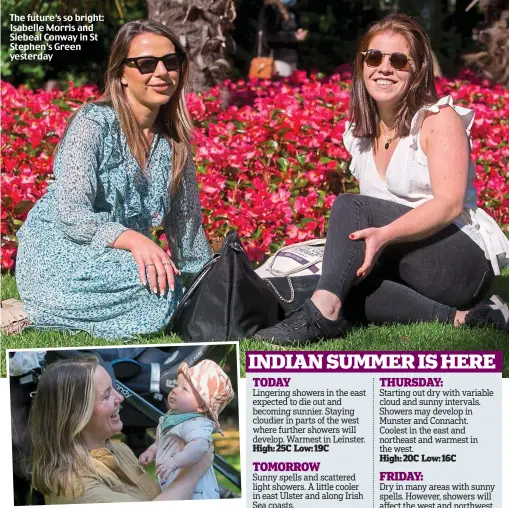  ??  ?? The future’s so bright: Isabelle Morris and Siebeal Conway in St Stephen’s Green yesterday
The heat is on: Terri McInerney and son Sonny in Stephen’s Green yesterday