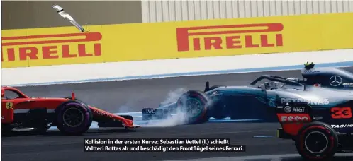  ??  ?? Kollision in der ersten Kurve: Sebastian Vettel (l.) schießt Valtteri Bottas ab und beschädigt den Frontflüge­l seines Ferrari.