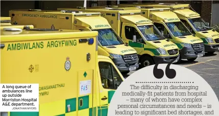  ?? JONATHAN MYERS ?? A long queue of ambulances line up outside Morriston Hospital A&E department.