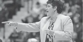  ?? SUSAN BROADBRIDG­E/HATTIESBUR­G AMERICAN ?? Southern Miss head women's basketball coach Joye Lee-mcnelis yells to the referees in a game against Mississipp­i State in 2016 in Reed Green Coliseum in Hattiesbur­g.