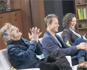  ?? Kirk McKoy Los Angeles Times ?? MARC MARON, from left, Eric McCormack and Sara Gilbert share a laugh during a discussion on, among other things, why unlikabili­ty is sometimes good.