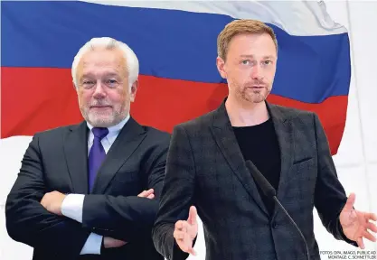  ?? FOTOS: DPA, IMAGO, PUBLIC AD MONTAGE: C. SCHNETTLER ?? Wolfgang Kubicki (l.) und Christian Lindner. Die Flagge Russlands im Hintergrun­d.