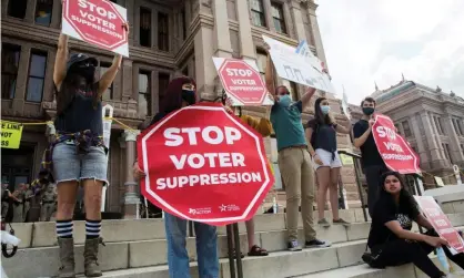  ??  ?? Voting rights activists gather during a protest against Texas legislator­s who are advancing a slew of new voting restrictio­ns in Austin, Texas, on 8 May 2021. Photograph: Mikala Compton/Reuters