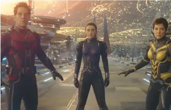  ?? DISNEY/MARVEL STUDIOS ?? Paul Rudd, from left, Kathryn Newton and Evangeline Lilly in “Ant-man and the Wasp: Quantumani­a.”