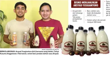  ?? ARSYAD YUSGIANTOR­O FOR JAWA POS ?? BERKOLABOR­ASI: Arsyad Yusgiantor­o (kiri) bersama sang kakak, Cahya Kusuma Anggriawan. Foto kanan, varian baru produk olahan susu Arsyad.