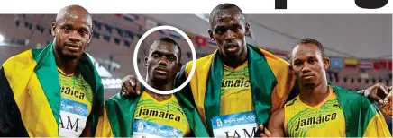  ?? GETTY IMAGES ?? Not so fab four: Carter (circled) with (from left) Powell, Bolt and Frater after relay gold in Beijing