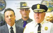  ?? Ned Gerard / Hearst Connecticu­t Media ?? Bridgeport Chief of Police Armando Perez, right, with Mayor Joe Ganim, speaks at a news conference at the Morton Government Center in Bridgeport on Tuesday.