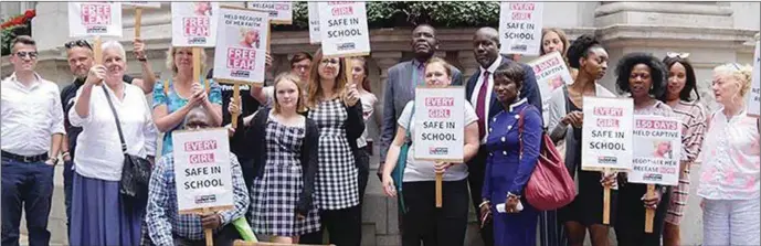  ??  ?? Some of the campaigner­s at the Nigeria High Commission in London, calling for Leah Sharibu's release