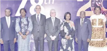  ?? ?? L-R: Uaboi Agbebaku, company secretary/legal director, Nigerian Breweries plc; Adeyinka Aroyewun, non-executive director; Hans Essaadi, managing director; Sijbe “Siep’ Hiemstra, interim chairman; Ifueko Omoigui, non-executive director; Ibrahim Puri, non-executive director; and Juliet Anammah, non-executive director, during the company’s 78th annual general meeting in Lagos, recently.