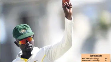  ?? RICARDO MAKYN/CHIEF PHOTO EDITOR ?? Jamaica Scorpions spinner Nikita Miller displays the match ball after taking the final wicket in Trinidad and Tobago Red Force’s second innings at Sabina Park yesterday. He ended with second-innings figures of seven for 87.