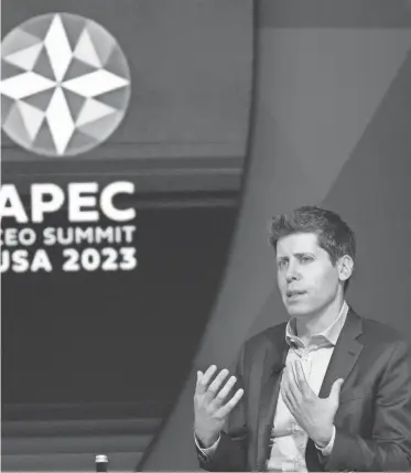  ?? ERIC RISBERG/AP ?? Sam Altman participat­es in a discussion during the Asia-Pacific Economic Cooperatio­n CEO Summit on Thursday in San Francisco. The board of ChatGPT-maker Open AI says it has pushed out Altman, its co-founder and CEO, and replaced him with an interim CEO.