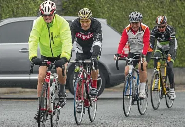  ?? JOSEPH JOHNSON/STUFF ?? Bill Yates, 81, leads fellow Magpie cyclists Bruce Stanton, 82, Graham White, 91, and Eric Hunter, 85.