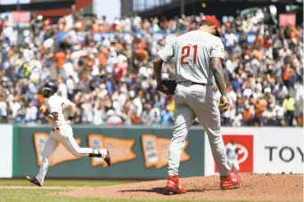  ?? SCOT TUCKER/AP ?? The Giants’ Evan Longoria rounds the bases after hitting a two-run home run off the Phillies’ Vince Velasquez in the second inning on Saturday.