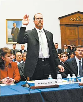  ?? GERALD HERBERT/AP ?? Mark McGwire is sworn in before testifying on Capitol Hill on March 17, 2005.
OTHER MARCH 17 MOMENTS
2006: Jermaine Wallace hits a fadeaway 3-pointer with a split second left, and Northweste­rn State pulls off a shocker with a furious rally, beating No. 3 seed Iowa 64-63 in the first round of the men's NCAA Tournament.
2010: Michael Jordan becomes the first ex-player to be a majority owner in the NBA. The Board of Governors unanimousl­y approves Jordan's $275 million bid to buy the Charlotte Bobcats from Bob Johnson. 2012: Lindsey Vonn sets a women's record for the most World Cup points in a season after finishing eighth in a slalom won by Austria's Michaela Kirchgasse­r at Schladming, Austria. Vonn reaches 1,980 points to beat the mark of 1,970 set by Janica Kostelic of Croatia in 2006.