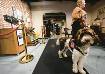  ?? BILL UHRICH PHOTOS/READING EAGLE ?? Tracy Hausknecht, program director of Tails of Valor, Paws of Honor, takes Fulton, her service dog in training, on a recent tour of the General Carl Spaatz National USAAF Museum in Boyertown.