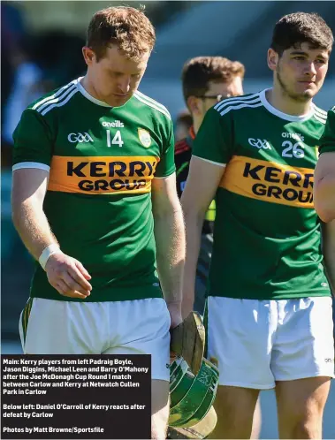  ?? Photos by Matt Browne/Sportsfile ?? Main: Kerry players from left Padraig Boyle, Jason Diggins, Michael Leen and Barry O’Mahony after the Joe McDonagh Cup Round 1 match between Carlow and Kerry at Netwatch Cullen Park in Carlow
Below left: Daniel O’Carroll of Kerry reacts after defeat...