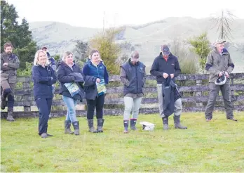  ??  ?? Sally Terry (organising committee), with contestant­s for the Tararua Shepherd of the Year: Eilish O’Neil, Josie Mulgrew, Kit Holmes and Connor McIntyre at the start of the Field Day at Glanworth.