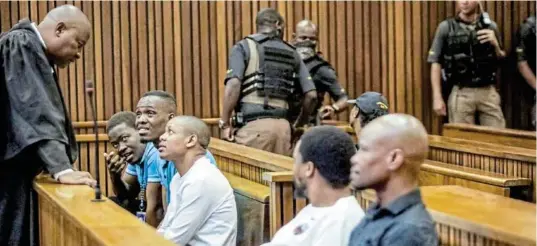  ?? / GALLO IMAGES /OJ KOLOTI ?? The five men — Mthobisi Mncube, Muzikawukh­ulelwa Sibiya, Bongani Ntanzi, Mthokozise­ni Maphisa, and Fisokuhle Ntuli — on trial for Senzo Meyiwa’s murder.