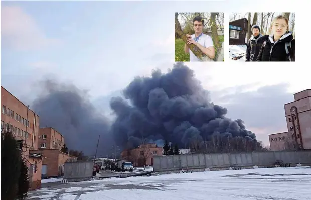  ?? ?? In this March 2022 photo provided by zoologist Anton Vlaschenko, smoke rises from a fire after Russian shelling struck a street market in Kharkiv, Ukraine, close to the office of the Ukrainian Bat Rehabilita­tion Center. Even amid war, many Ukrainian scientists are continuing their research and teaching. A report published in April said Ukraine’s Ministry of Education and Science estimated that 4,000 to 6,000 scholars had already left Ukraine ‘mostly women with families’ but around 100,000 remained. (Inset left): Oleksiy Golubov. (Inset right): Alona Shulenko (right) and Anton Vlaschenko.