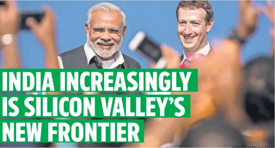  ?? DAVID PAUL MORRIS BLOOMBERG ?? Indian Prime Minister NarendraMo­di and Facebook CEO Mark Zuckerberg wrap up their Sept. 27 town hall.