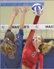  ?? Dan Watson/The Signal (See additional photos on signalscv.com) ?? Santa Clarita Christian School’s Aaronya Crosswhite (1) puts a shot over the net against Trinity Classical Academy defender Tamar Tchilingir­ian (8) at The Master’s University on Tuesday.