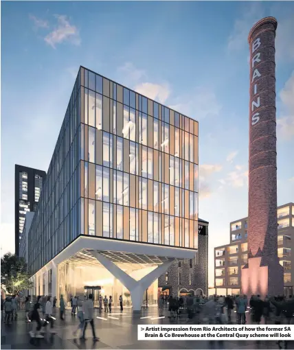  ??  ?? > Artist impression from Rio Architects of how the former SA Brain & Co Brewhouse at the Central Quay scheme will look