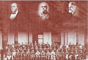  ??  ?? Picture shows F.J. de Saram (Snr.) the founder; F.J. de Saram (Jnr.) and Leslie de Saram on top and the Bench and the Bar of Colombo in 1906.