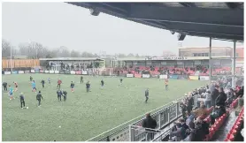  ?? ?? MEADOWBANK STADIUM A solitary row of Dorking fans down on side of the pitch and, right, a covered terrace and a stand behind one of the goals