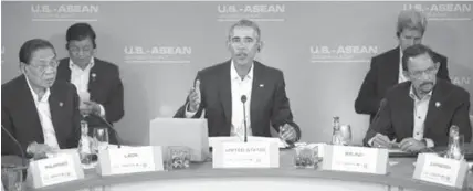  ?? ASSOCIATED PRESS ?? President Barack Obama speaks at the plenary session meeting of ASEAN, the 10-nation Associatio­n of Southeast Asian Nations, at the Annenberg Retreat at Sunnylands in Rancho Mirage, California.