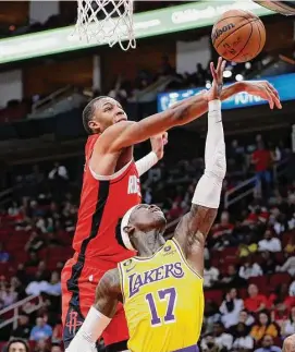  ?? Michael Wyke/Associated Press ?? Jabari Smith Jr. and the Rockets will look to play spoiler Sunday when they face the Lakers, who sit just outside of being a Western Conference playoff lock.