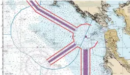  ??  ?? Below: Examples of how inshore and offshore traffic separation schemes are marked on NOAA charts