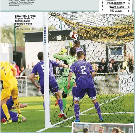  ?? PICTURE: Richard Parkes ?? BREATHING SPACE: Skipper Lewis Carr bundles home Basford’s fourth goal