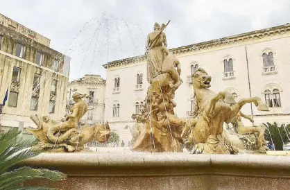  ??  ?? The Fontana di Diana in Piazza Archimede in Ortigia was built in 1907 by noted Italian sculptor Giulio Moschetti (above). Hamalia, a restored 19th century villa situated on the slope of a mountain in Itala, was our home in Messina province (left). The famous 4th century “bikini girls” are part of the elaborate and intricate mosaic art of Villa Romana del Casale (below). The island of Ortigia on the southern tip of Siracusa or Syracuse (below left).