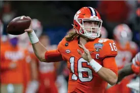  ?? Ap-john Bazemore, File ?? In this Friday, Jan. 1, file photo, Clemson quarterbac­k Trevor Lawrence passes against Ohio State during the first half of the Sugar Bowl NCAA college football game in New Orleans. The last NFL event not impacted by the COVID-19 pandemic was the 2020 combine in Indianapol­is. A year later, with the 2021 combine canceled, the league has released a list of players who would have merited invitation­s. From such high-profile quarterbac­ks as Clemson’s Trevor Lawrence and Ohio State’s Justin Fields to guys who sat out last season such as Oregon tackle Penei Sewell, there are 323 players from 100 schools.