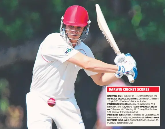  ?? Picture: FELICITY ELLIOTT ?? Waratah’s James Seymour hits out against Palmerston yesterday in the Darwin Premier Cricket round 11 match at Gardens Oval