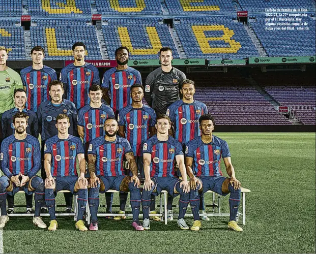  ?? FOTO: FCB ?? La foto de familia de la Liga 2022-23, la 27ª conquistad­a por el FC Barcelona. Hay alguna ausencia, como la de Auba y los del filial