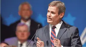 ?? THE TENNESSEAN ?? Gov. Bill Lee speaks to the crowd during his inaugurati­on as the 50th governor of Tennessee Jan. 19 at War Memorial Auditorium in Nashville, Tenn. ANDREW NELLES /