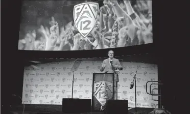  ?? JOSE SANCHEZ] [AP PHOTO/MARCIO ?? Pac-12 commission­er Larry Scott speaks during Pac-12 media day in Los Angeles on Wednesday.